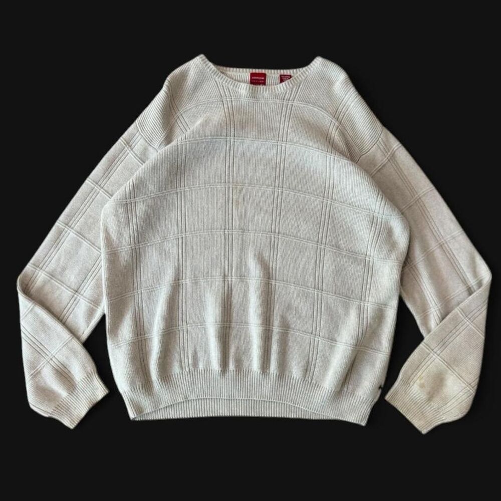 90s Arrow Knit Sweater Cream & white plaid cotton knit sweater